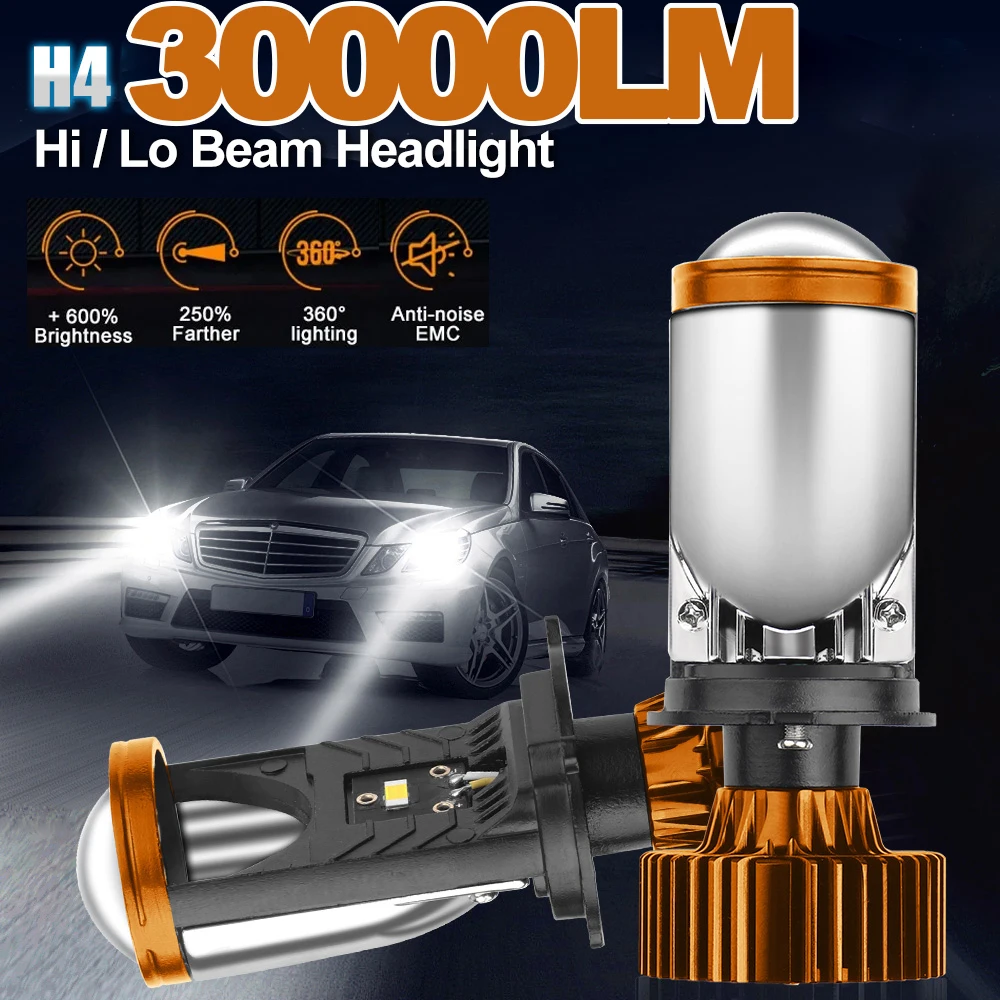 

1/2PCS 300W H4 LED Projector Mini Car Headlight Bulbs 30000LM Lens Projector Lenses H4 Headlamp High Low Beam for Cars Motor 12V