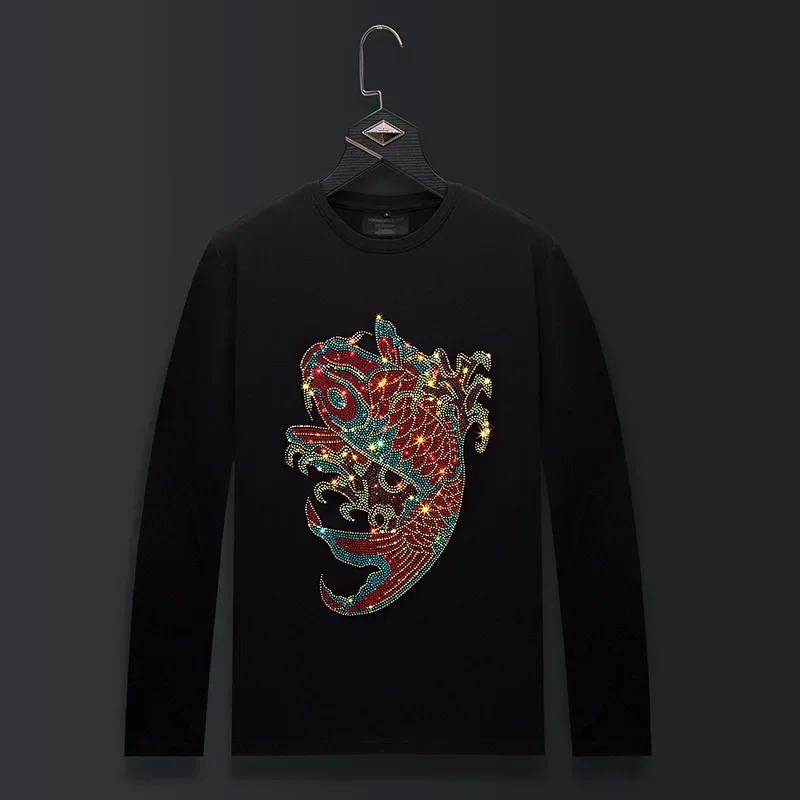 

Plus Size O Neck Long Sleeve T Shirts Men Fashion Streetwear Fish Pattern Rhinestones Mercerized Cotton Tshirts Mens Clothing