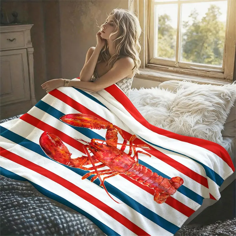Lobster Red Stripes Flannel Blanket Perfect for Sofa Office Bed Travel Sleep Read Relax Camping Four Season Use