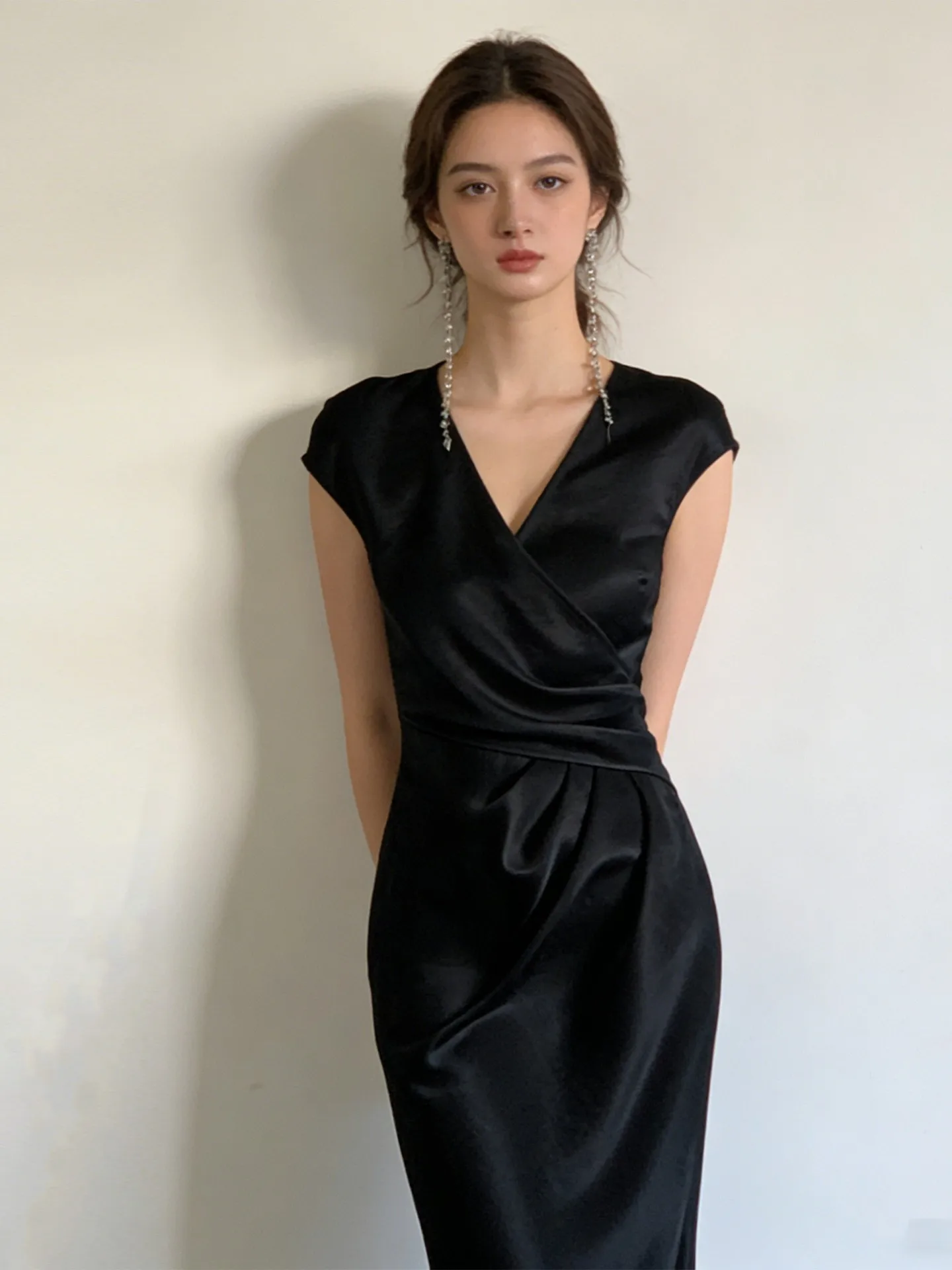 Ruched V Neck Dress Mid Waist Socialite Style with a Line Skirt Zipper Closure Cap Sleeve Party Dress Beach Spring for Women