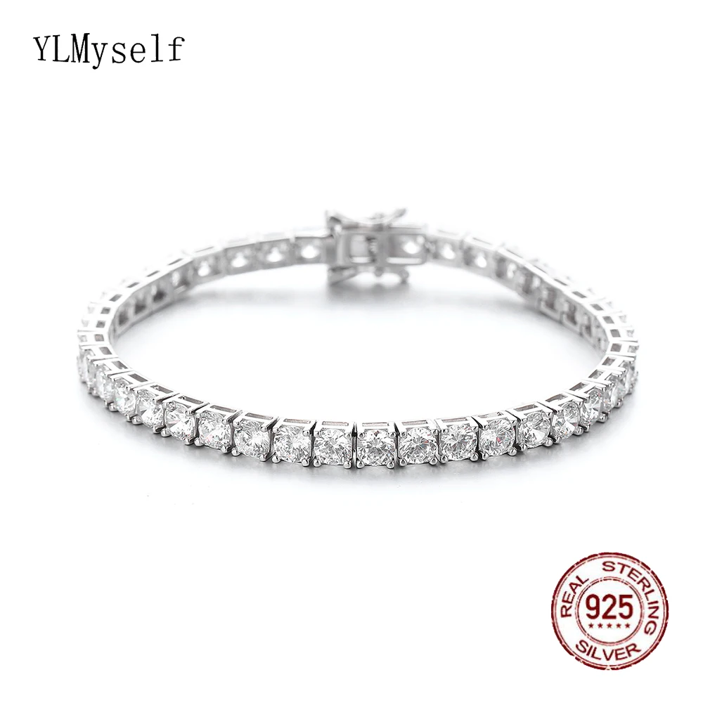 

Pure Silver Jewelry Pave Full 4mm 5A Cubic Zircon HipHop Rock Real 925 Tennis Bracelet Chain