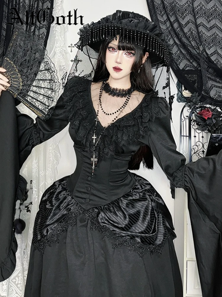 

AltGoth Хэллоуин винтажные темные готические рубашки женские эстетические Fairycore гранж кружевные лоскутные расклешенные рукава с v-образным вырезом корсетная блузка
