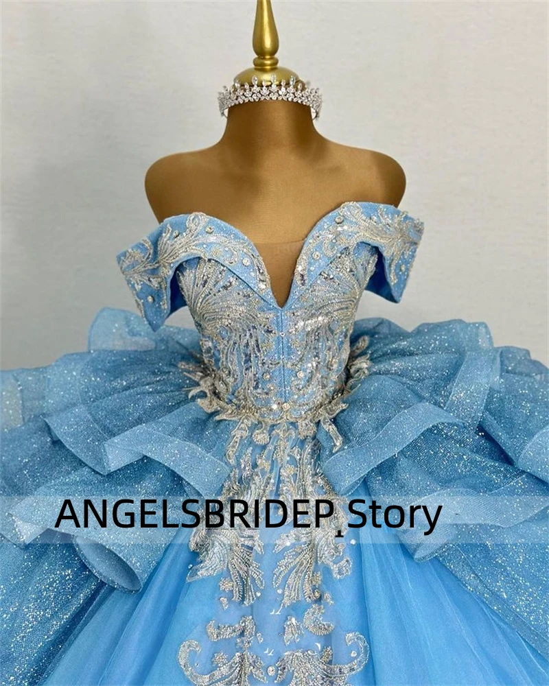 ANGELSBRIDEP-vestido De baile azul cielo, Vestidos De quinceañera con apliques De flores y cuentas De cristales, Vestidos De princesa De 15 Años personalizados