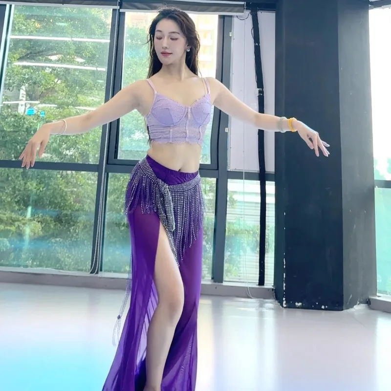 

Customized Belly Dance Costumes New Set Performance Clothes Class Dress Sexy Temperament Practice Dress Purple Hip Towel