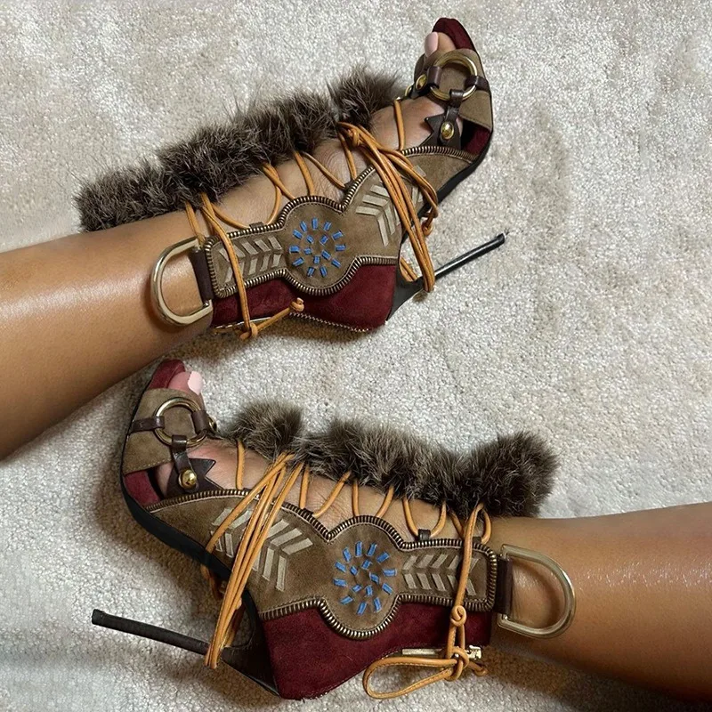 

11.5cm Luxury Stiletto Women's Sandals Catwalk Open-toe Color Matching Straps Plush Women's Pumps and Heel Sandalias De Mujer