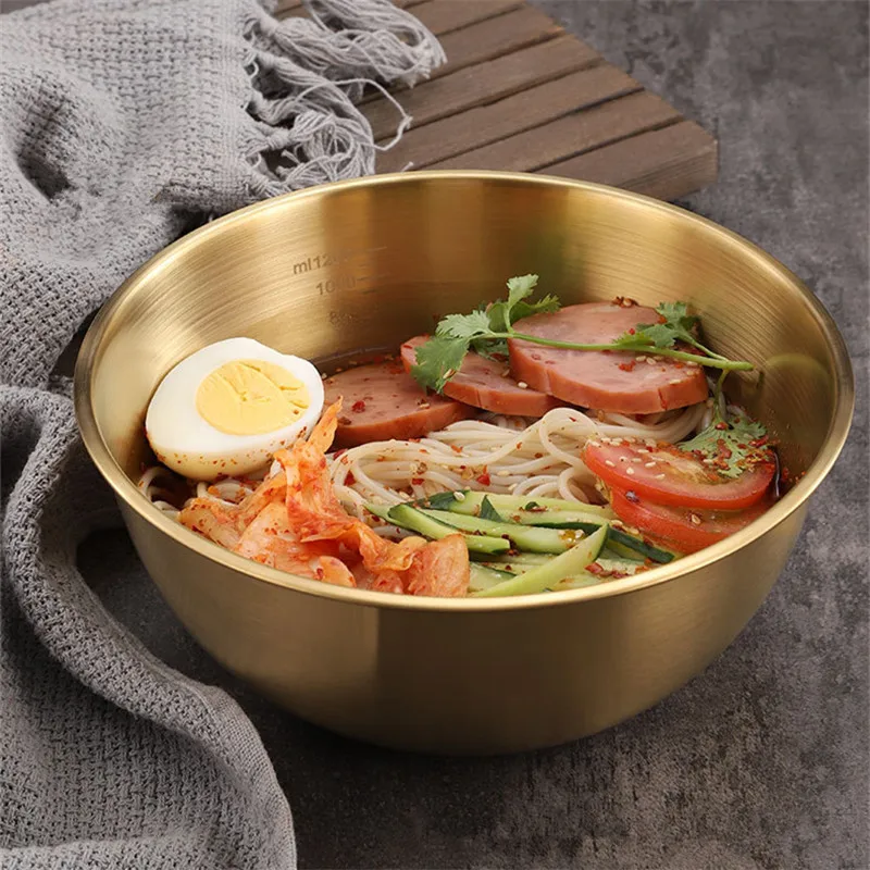 Stainless Steel Fruit Salad Bowls with Scale Korean Style Large Capacity Soup Noodles Ramen Bowl Food Containers 17/19/25CM