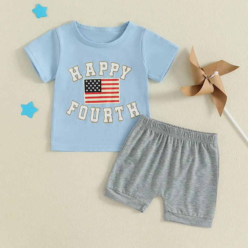 

0-3 Years Baby Boy 4th of July Outfits Short Sleeve Flag Letter Print T Shirt + Shorts Set Toddler Summer Clothes