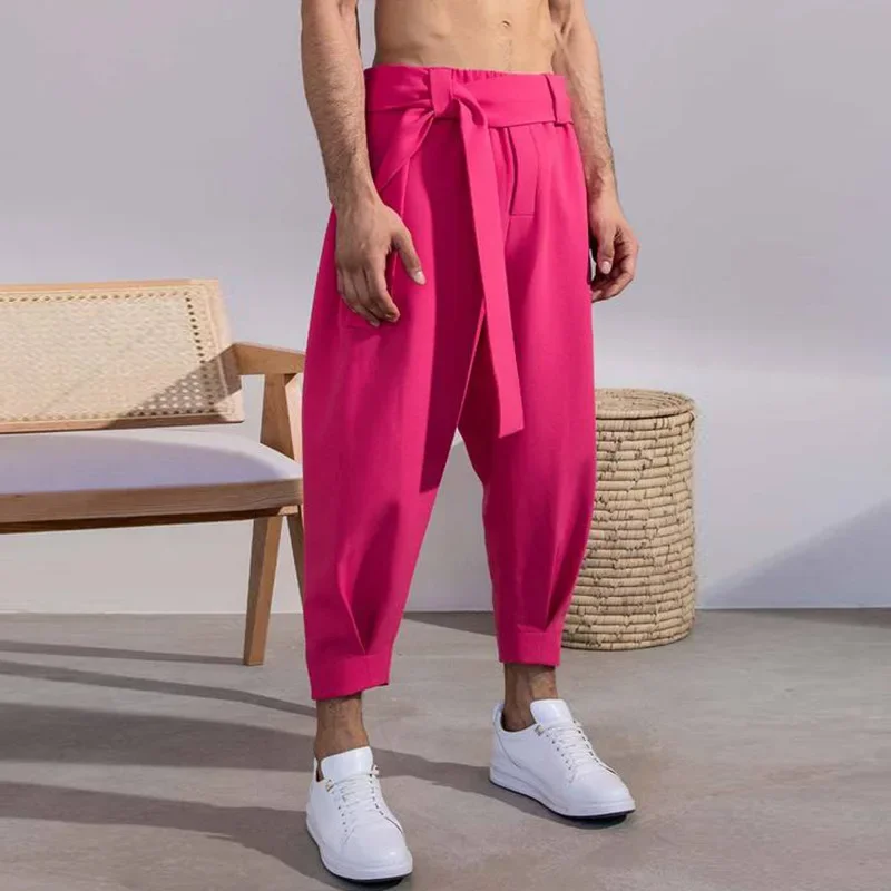Spring Men's Loose Solid Color 9/10 Pants Belt Drawstring Casual Pants Baggy Harem Pants Design Beach Vacation Trousers Trendy