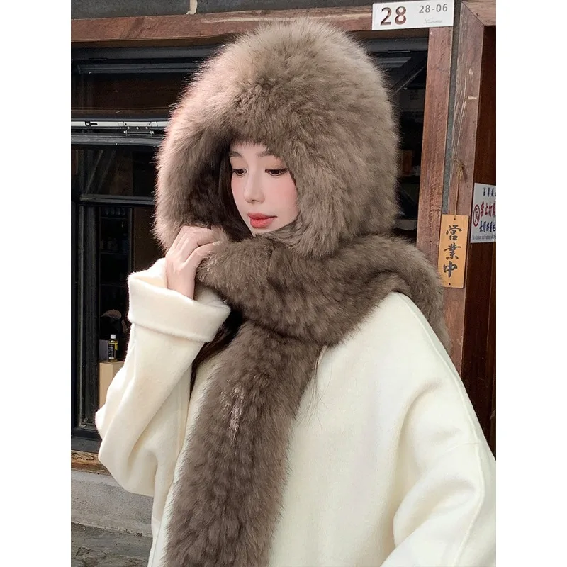 Premium fox hair hat, scarf, integrated snow hat, women's autumn and winter warm double-sided thickened plush ear protection hat