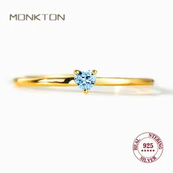 Monkton 100% 925 Sterling Silver Heart Zirconia Wedding Rings for Women Girl Charm Blue Birthstone Stackable Finger Rings