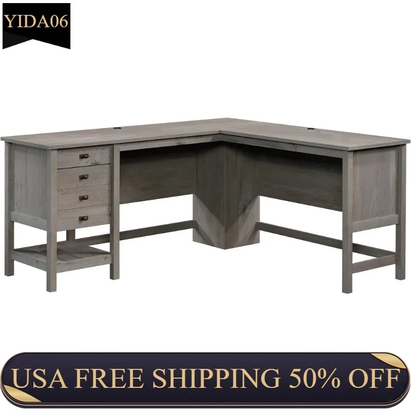 

Sauder Cottage Road L-Desk, L: 65.12" x W: 58.66" x H: 29.76", Mystic Oak finish office desk adjustable desk