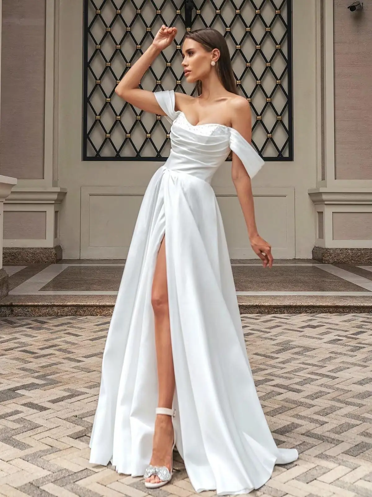Vestidos de novia con hombros descubiertos, línea A, vestidos de baile fruncidos para mujer, vestido formal largo de satén