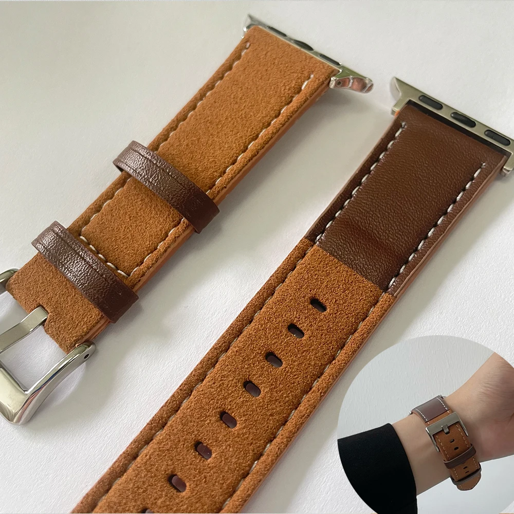 Suede+Leather Watch Bands for Apple Watch 45mm 49mm 38mm 40mm 44mm Vintage Strap for iWatch Series 8 9 7 3 5 SE 6 4 2 Ultra