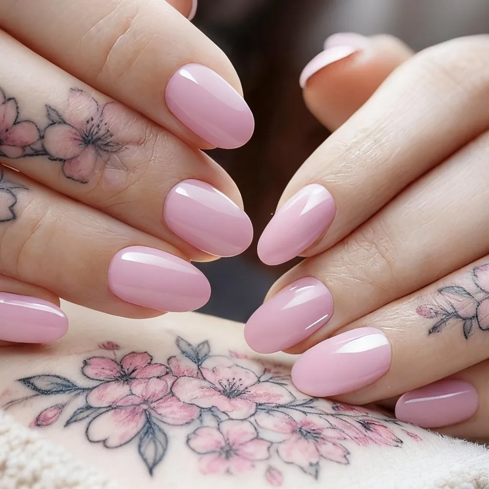 

Shiny Pink Short False Nail With Glue Woman Finger Artificial Press On Nails DIY Full Cover Tips Manicure Accessory