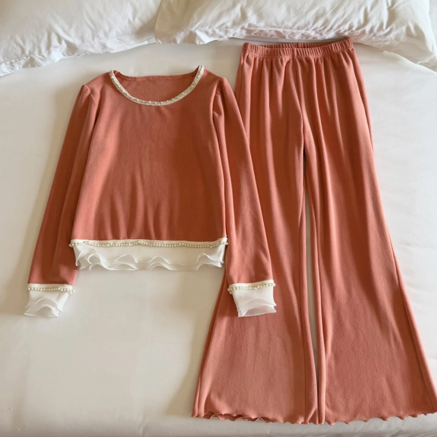 New Woman Pajamas Korean Spring Autumn Velvet Lace Pearl Edge Loungewear Trousers Sets Fashion Sleepwear Women's Home Clothes