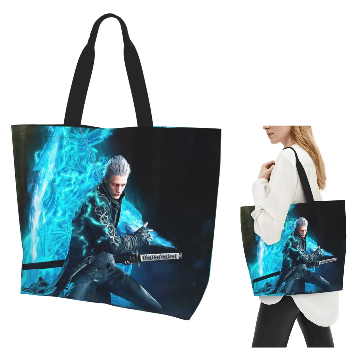

Vergil From The Devil May Cry Series Shopping Tote Bag Canvas Large Capacity Shoulder Bags Shopper Grocery Handbag for Women