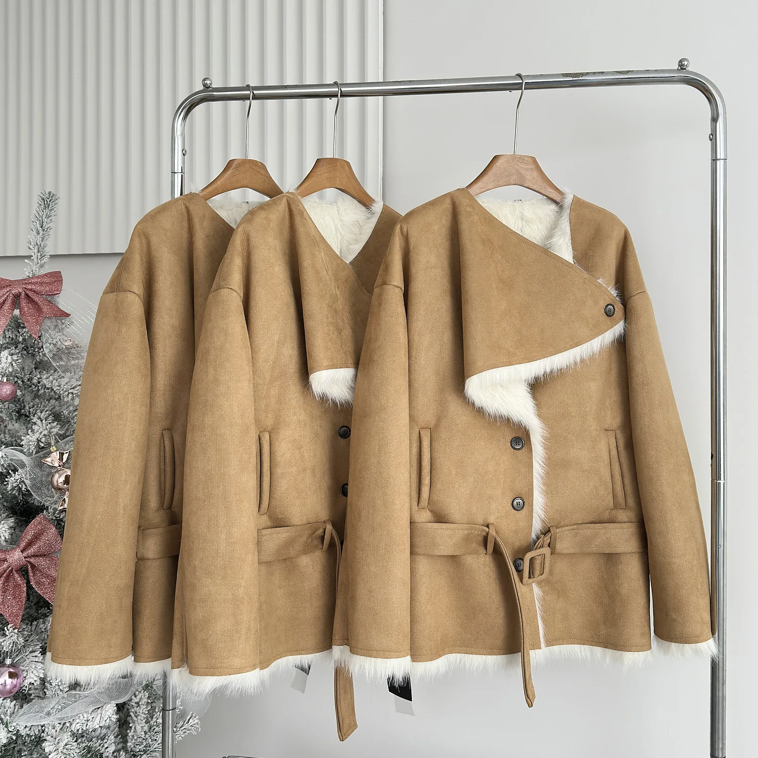 

Khaki Imitation Fur Warm Coat Women Autumn Winter European Fashion Long Sleeve Faux Suede Fur Jacket Female Thicken Coats