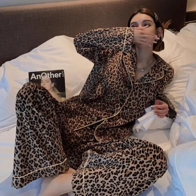 Leopard Print Hello Kitty Girls Nightwear Student Home Clothes Pochacco Melody Pajamas Women Spring Autumn Long Sleeve Trousers