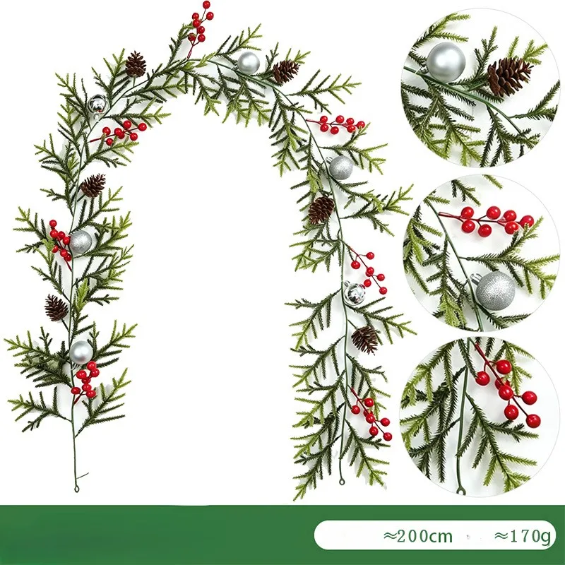 70.9in Artificial Christmas Garland With Red Berries Pinecones Flexible For Pe Greenery For Home Party Stair Railing Mantel