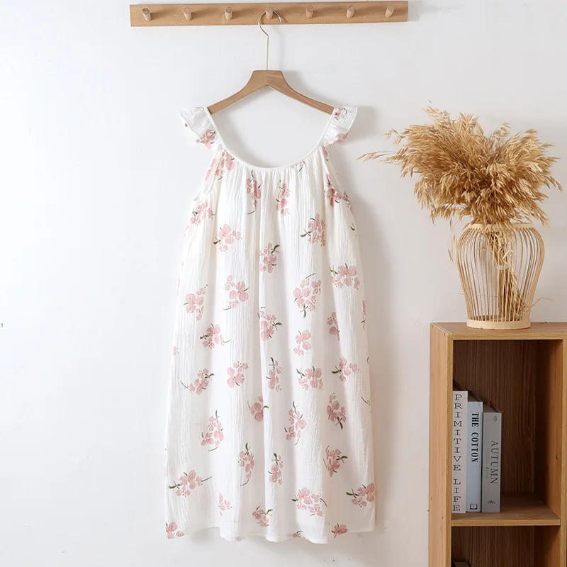 Crepe Cotton Dresses Women 100% Chest Pad Pajamas Flying Sleeve Halter Dress Sleeveless Sleepwear Nightdress Summer Nightgowns