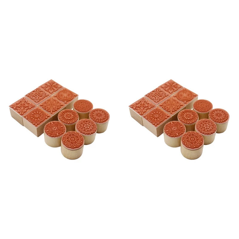 24Pcs Wooden Stamps Floral Pattern Circles And Squares Decorative Rubber Wooden For DIY Craft Card And Scrapbooking