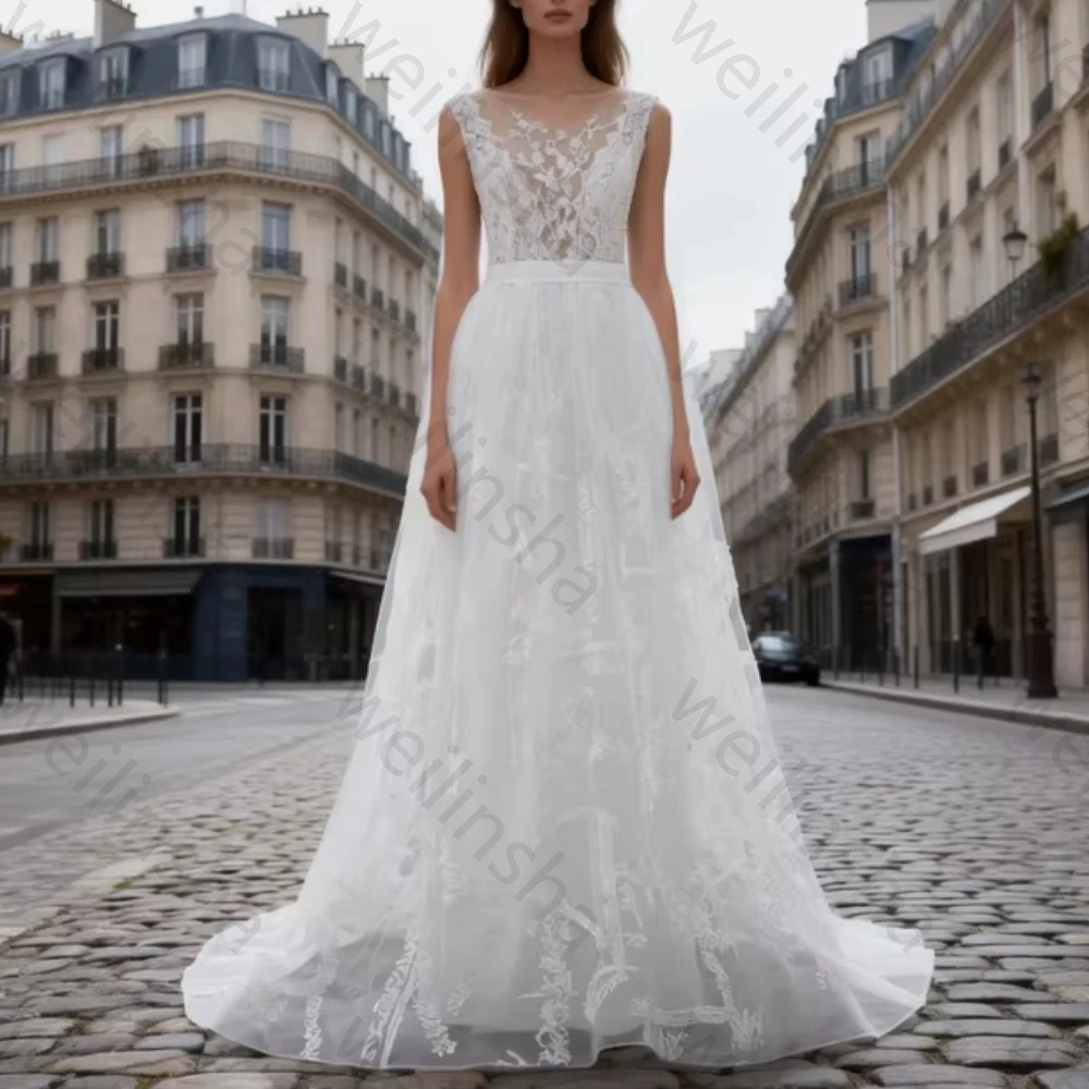 Maßgeschneiderte sexy Spitzen-Hochzeitskleider mit O-Ausschnitt und ärmellos, elegantes, luxuriöses, rückenfreies Kleid, exquisites, hochwertiges Ballkleid