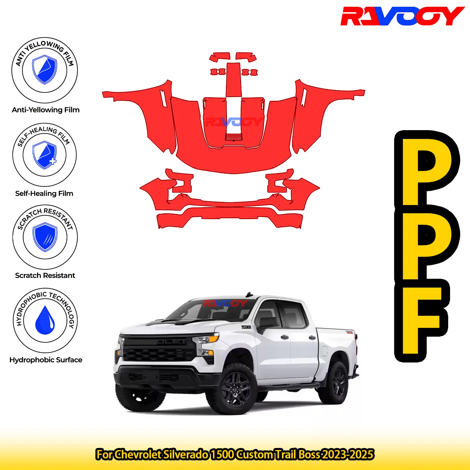 

Для Chevrolet Silverado 1500 Custom Trail Boss 2023-2025 глянцевая матовая черная предварительно вырезанная передняя защитная пленка PPF Kit