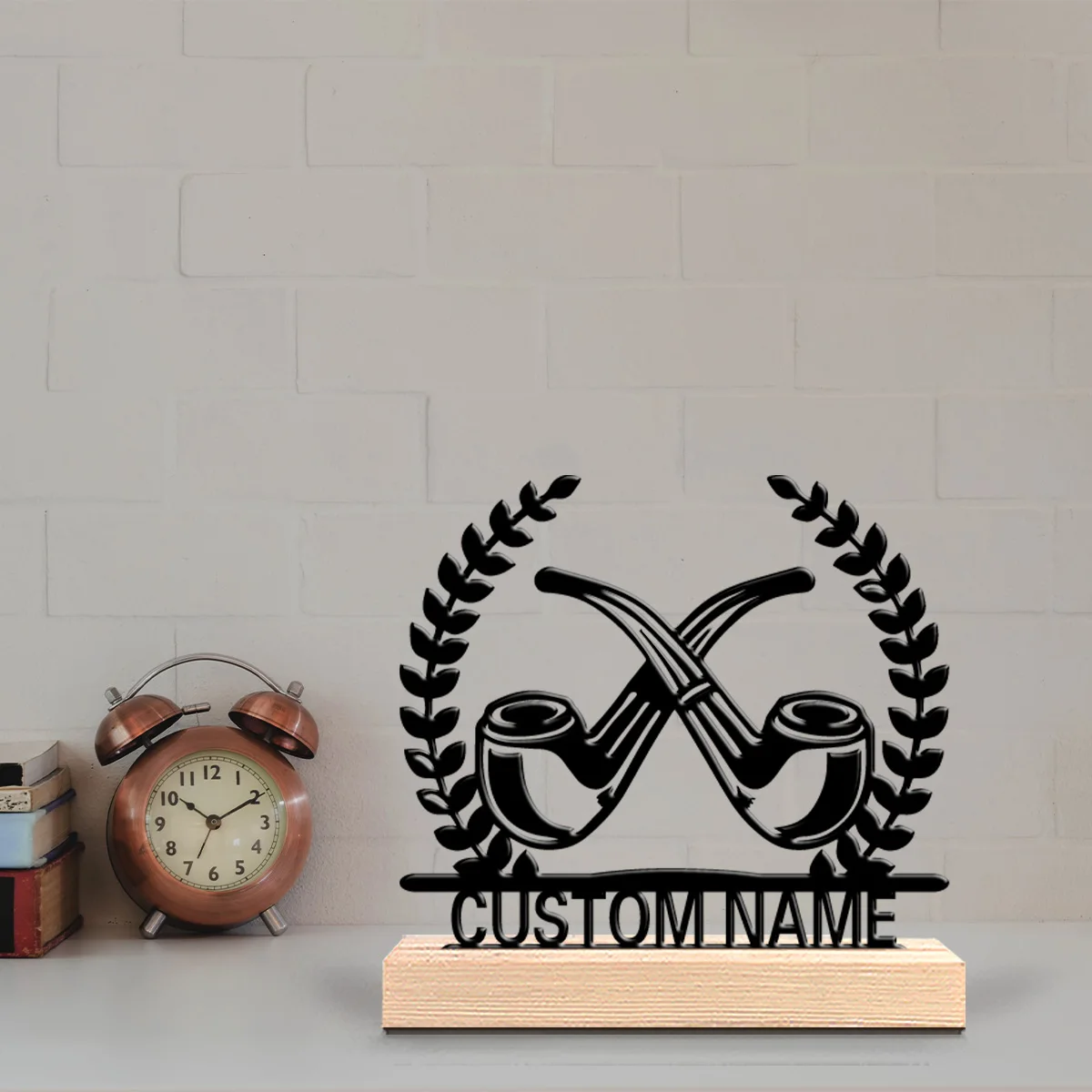 1pc Vintage pipe laurel Personalized Name Tin Statue Metal Ornament With Wood Base Iron Ornament Study Desktop Decoration