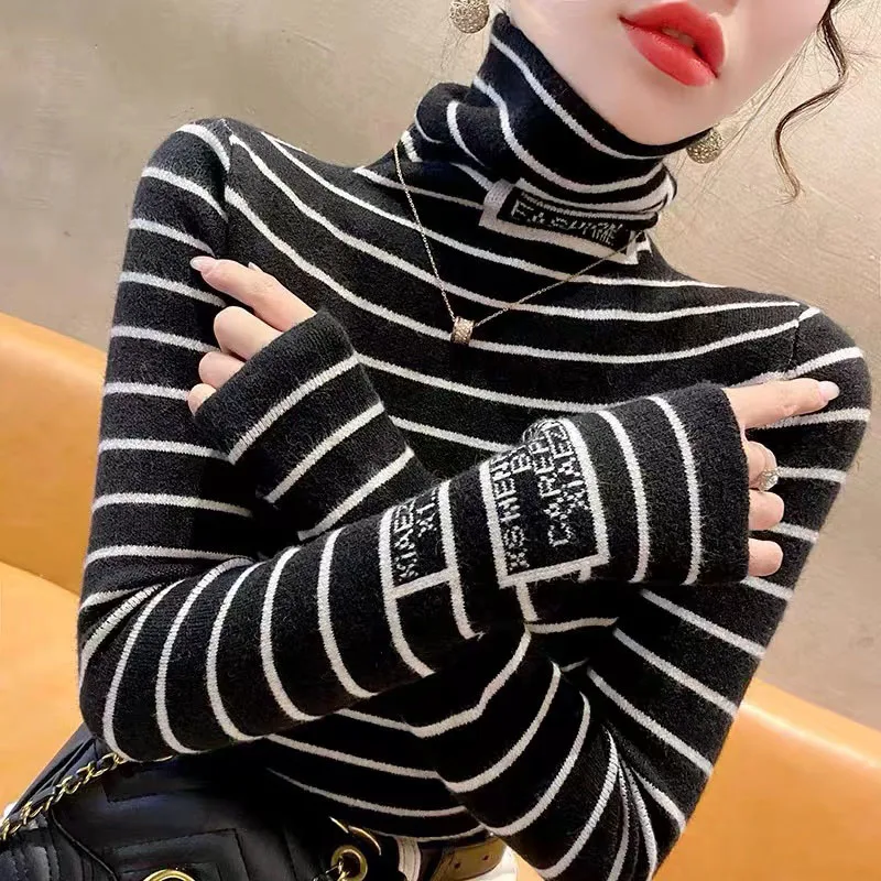 Women Clothing Striped Sweaters Spring Knitted Top Simple Fashion Turtleneck Casual Pullovers Female Soft Elasticity Slim Jumper