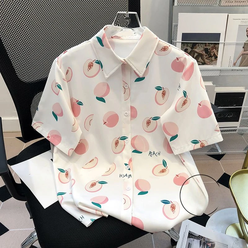 

EBAIHUI Cute Peach Print Women Shirt Summer Loose Causal Ladies Short Sleeve Blouse Lapel Casual Holiday Style Cardigan Blusas