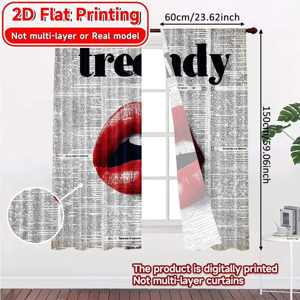 2D FLAT PRINTING 2pcs Curtains (Without Rod) Bold Red Lips Design Modern Fashionable Curtainments during the April Fools is Day
