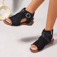 Black Pu Buckle Open Toe Fashion Comfortable Cool Wedge Heel Versatile Commuter Vacation Women's Sandals - Image 3