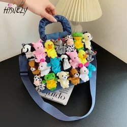 Fashion Women Denim Bucket Cartoon Toy Decoration Handbags and Purses for Ladies Cute Dolls Design Shoulder Bags Crossbody Bags