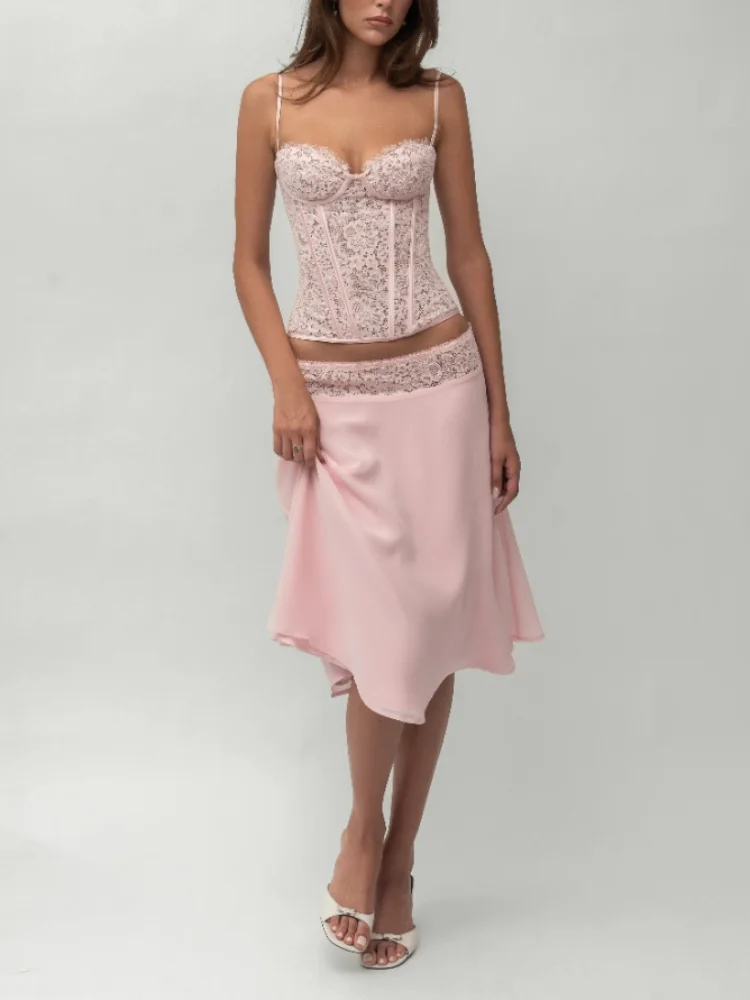 Chic Pink Lace Corset Two-Piece Set Women Sexy Spaghetti Strap Top Flowy Satin Midi Skirt Summer Party Evening Cocktail Outfit view 3