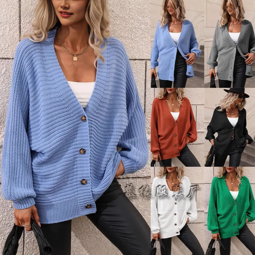 

KIDCRKJ Women's Knitwears 2026 Spring Autumn Solid V-neck Single-breasted Knitted Sweater Casual Loose Cardigans Women's Tops