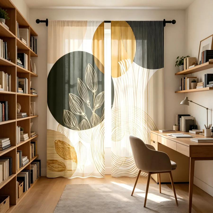 2PCS Digital Print  Curtain, Golden Leaf Round Shadow, Botanical Print Window Drape for Living Room Bedroom Home Decor