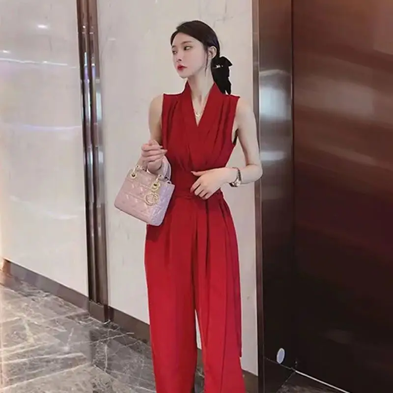 

Women's 2024 Summer New Jumpsuit Fashion Elegance Chiffon Printing SlimThin Sexy One-piece Wide Leg Pants Party Suit For Women