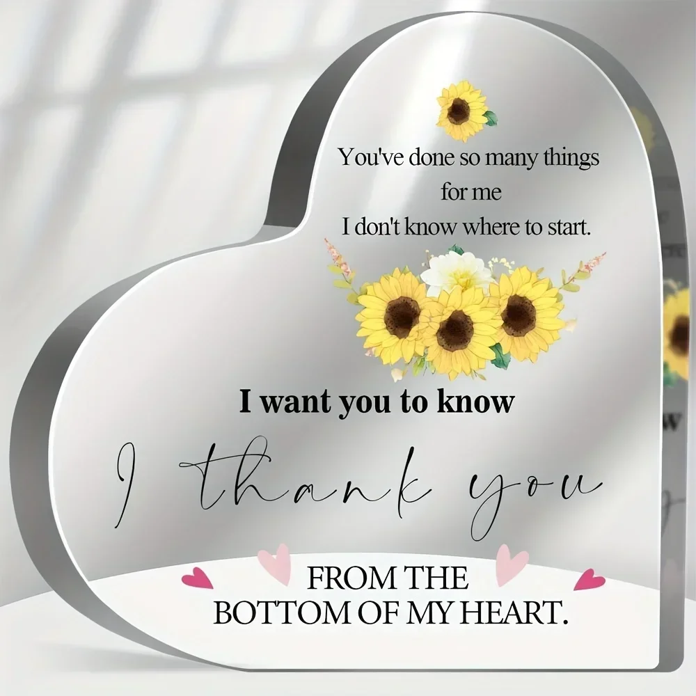 Heart Acrylic Desk Plaque Thank You Gift, Sunflower From The Bottom Of My Heart Decor Sign