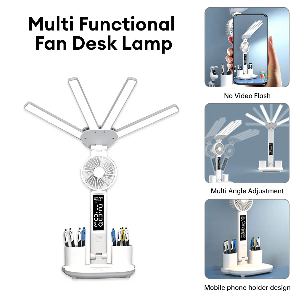 3in1 Multifunction Lamp LED Four-headed Folding With Fan Calendar Clock USB Rechargeable Desk Light 3 color Reading Lamp