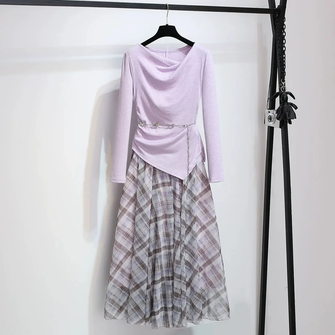 

Fashion Women's Set 2026 Spring/Summer New Korean Style Purple Top Half Skirt Two Piece Set