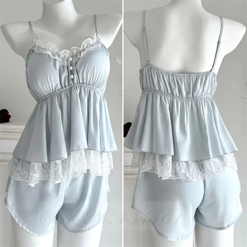 Conjunto de 2 piezas de ropa de dormir para mujer, Top sin mangas, pantalones cortos, ropa de casa Sexy de seda helada, conjunto de pijamas de encaje para mujer, traje ajustado con tirantes