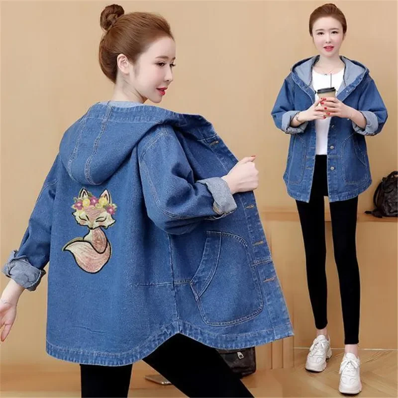 Oversized Denim Jacket Women\'s Hooded Coat Spring Autumn Loose Female Back Printed Jeans Jacket Plus size Casual Student Outwear