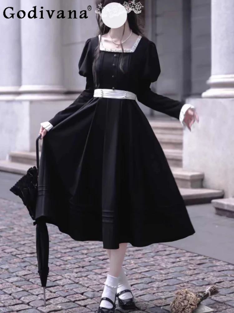 

Spring Autumn Winter French Retro Black Square Neck Long Sleeve Dress Elegant Girl Sweet Lolita High Waist Fashion Dresses
