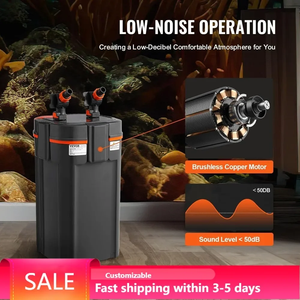 Aquarium Canister Filter 396GPH 5-Stage UV 125-200 Gal Ultra-Quiet 20W