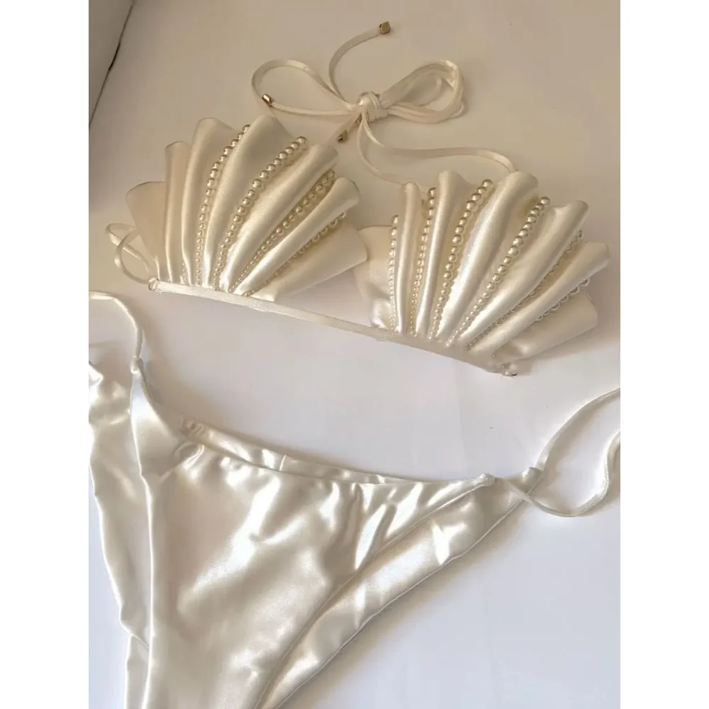 

High-Grade Pearl White Bikini Women's Small Chest Push up Swimsuit Seaside Vacation