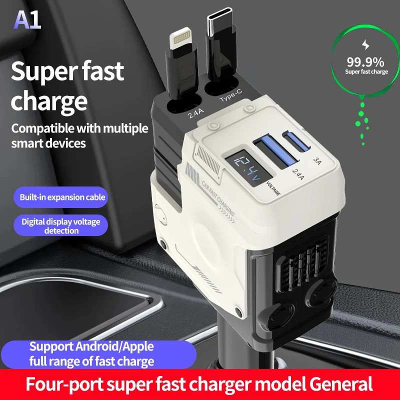 

Car Fast Charger with 2 Retractable Cables USB Type C Car Phone Charger Voltmeter 4 in 1 Power Adapter for IPhone IPad Samsung