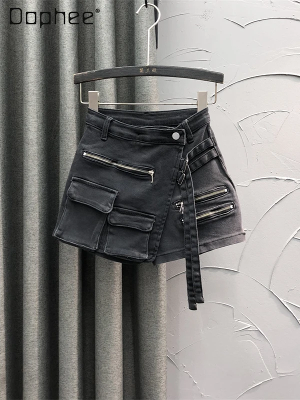 Denim Mini Skirts Fake Two Pieces 3d Pocket Zipper Decorate A Line Streetwear Slim Cargo Skirt 2024 Summer Female Trend