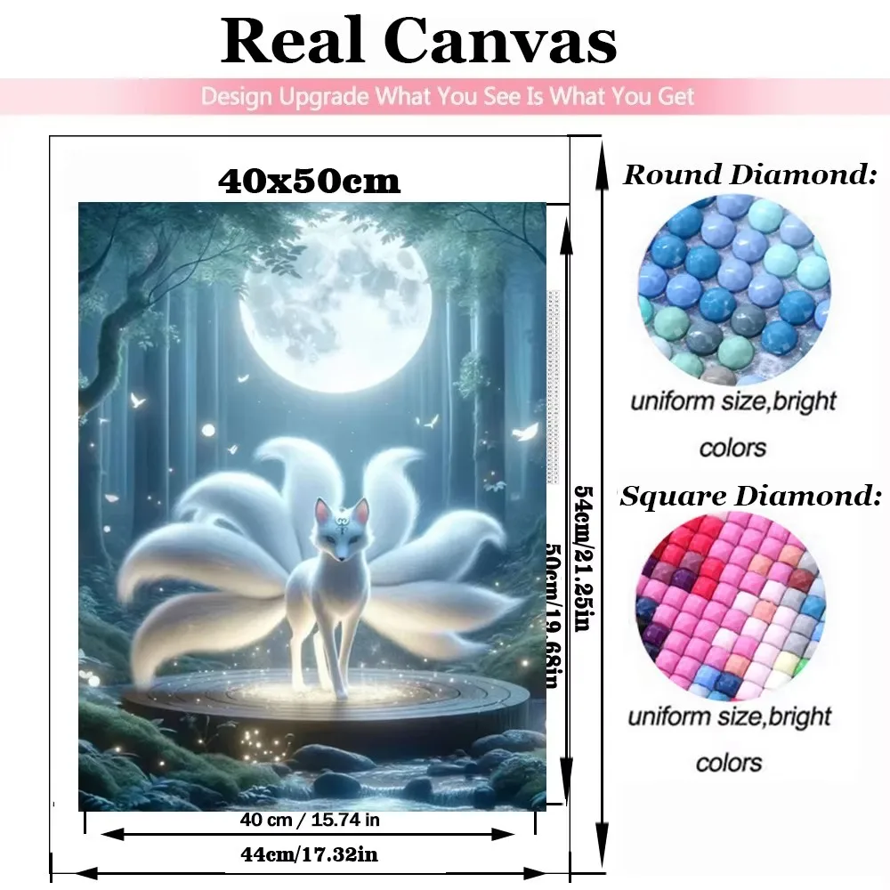 Animal Full Diamond Painting Kit Night Moon White Nine Tailed Fox Diamond Embroidery Handmade 5D DIY Mosaic Home Decoration