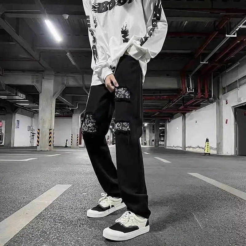 

American Vibe k Sle Men's Straight Leg Jeans Hip Hop Casual High Street Walnut Flower Hole Design mid Waist Jeans