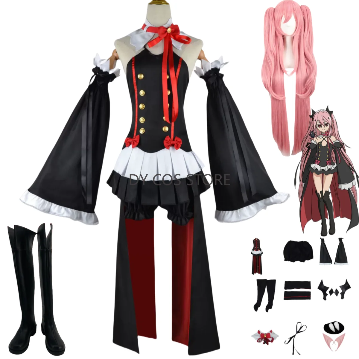 

Anime Seraph of The End Krul Tepes Cosplay Costume Vampire Black Off Shoulder Dress Wig Shoe Woman Sexy Halloween Christmas Suit